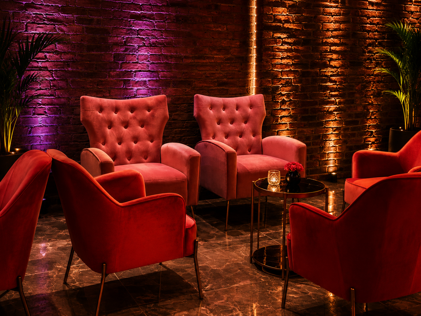 Nomad 28 velvet lounge on exposed brick